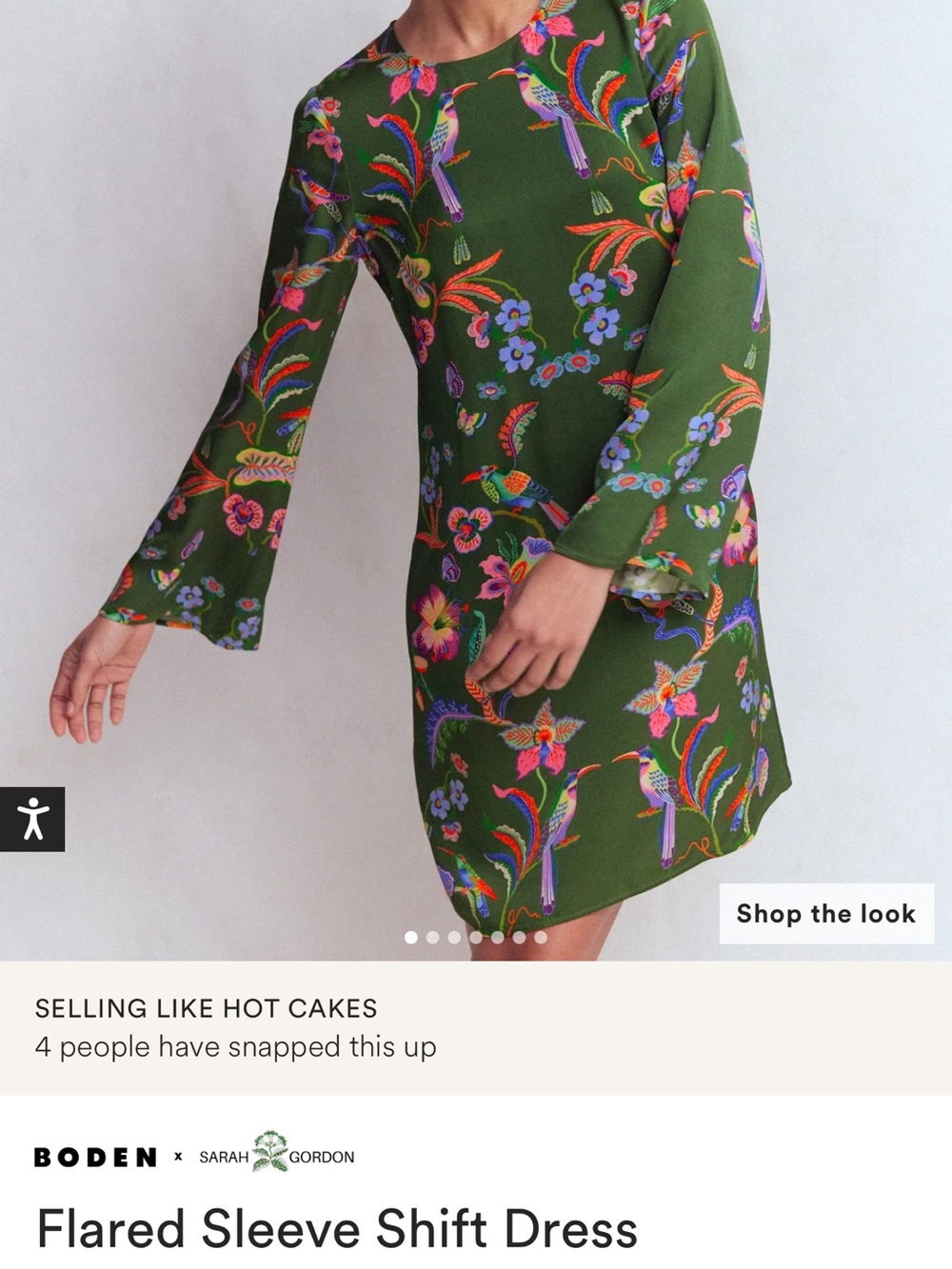 Boden Green Floral & Bird Flared-Sleeve Shift Dress